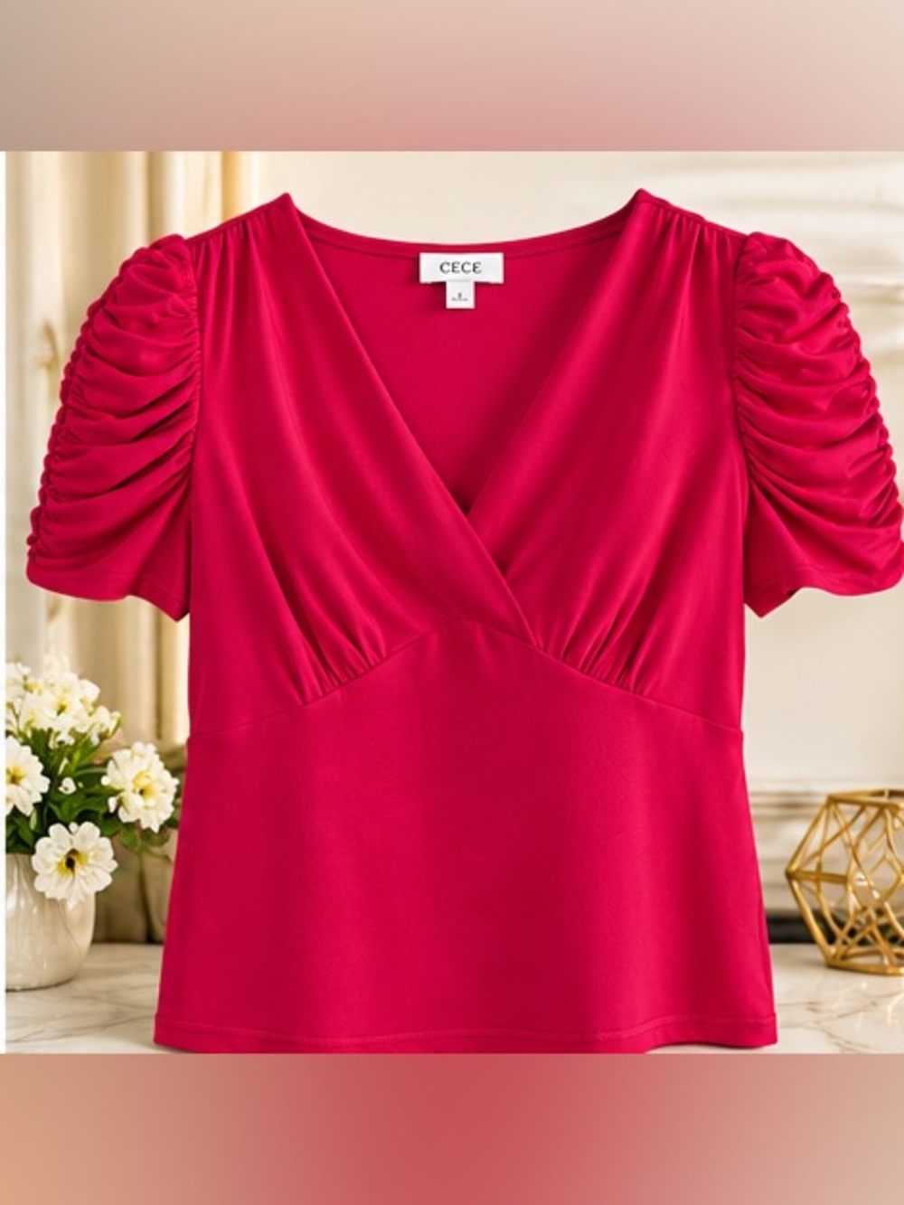CeCe Ruched Short-Sleeve V-Neck Blouse